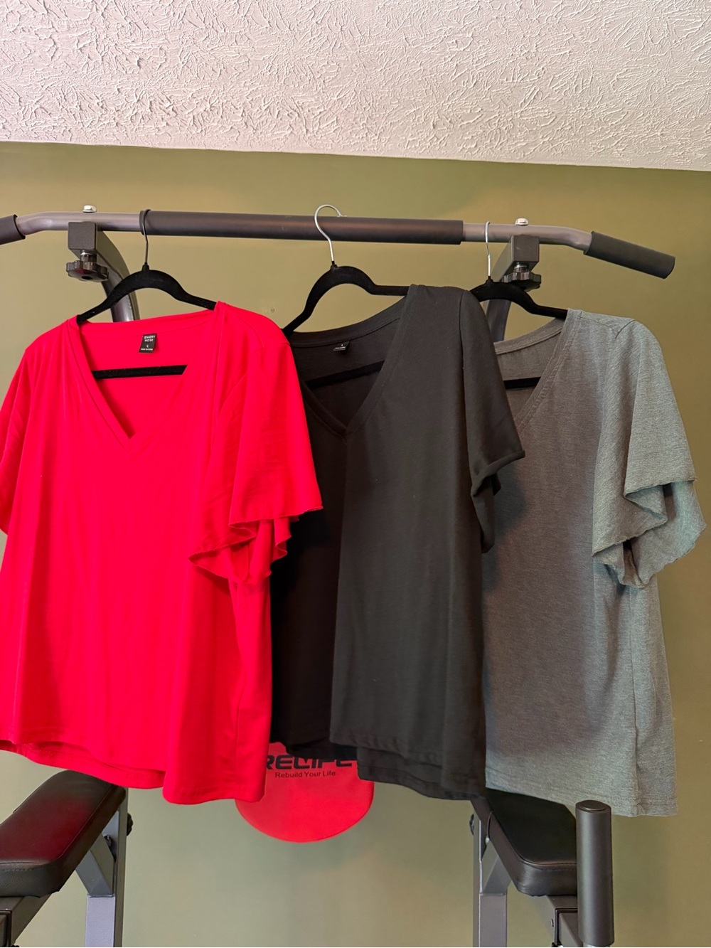 SHEIN Red, Black & Green V-Neck Short Sleeve Tops - 3 Pack
